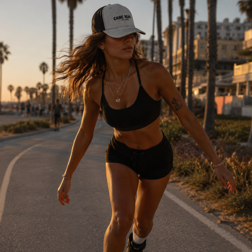 A woman roller skating on an outdoor path at sunset, wearing a black sports bra and shorts, white socks, black roller skates, and a black-and-white baseball cap with Care Bear Stare